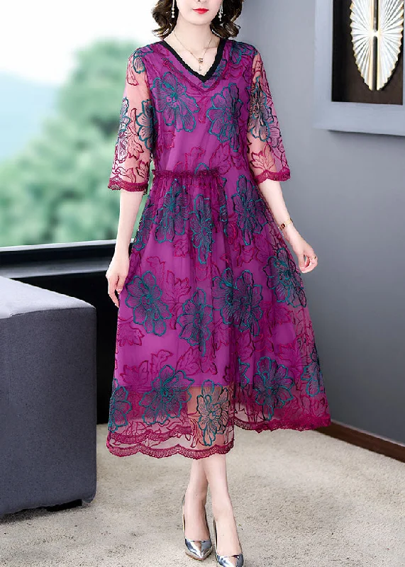 Limited edition dresses for collectorsFashion Rose V Neck Embroideried Patchwork Silk Dresses Summer