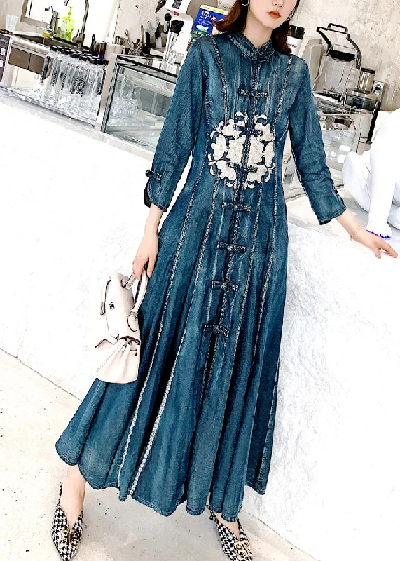 Tall women's dressesChinese Style Blue Stand Collar Embroidered Patchwork Denim Dress Fall