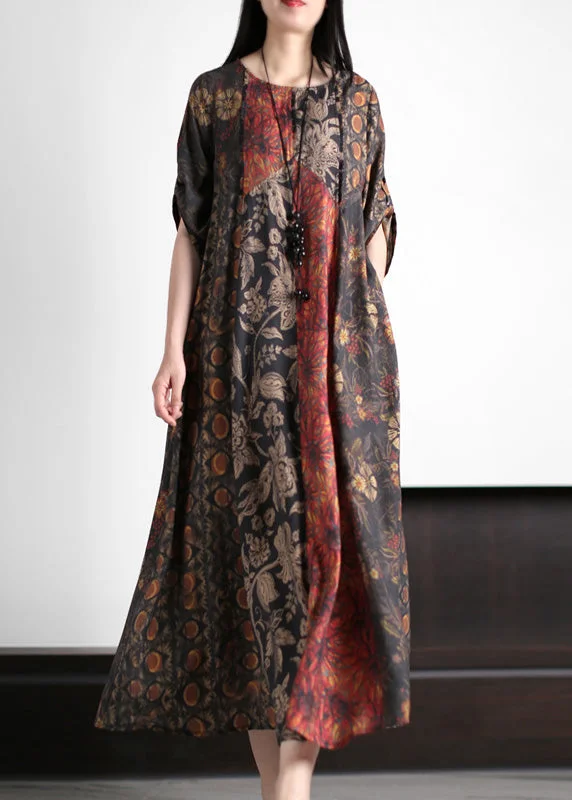 Leather dresses for womenItalian Red O-Neck Print Patchwork Silk Long Dress Half Sleeve