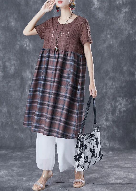 Little red dresses (LRDs) for womenUnique Coffee Hollow Out Patchwork Plaid Cotton Dresses Summer