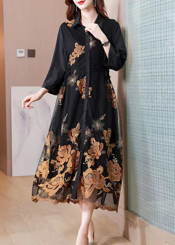 Workwear women's dressesHandmade Black Peter Pan Collar Embroidered Patchwork Dress Fall