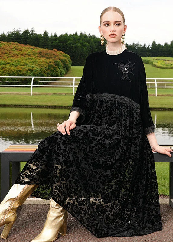Autumn dresses for fall fashionItalian Black Floral Embroidered Patchwork Silk Velour Dress Long Sleeve