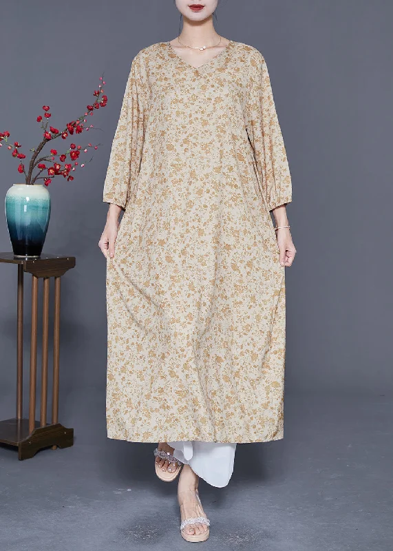Vintage women's dressesPlus Size Khaki Oversized Print Cotton Vacation Dress Bracelet Sleeve