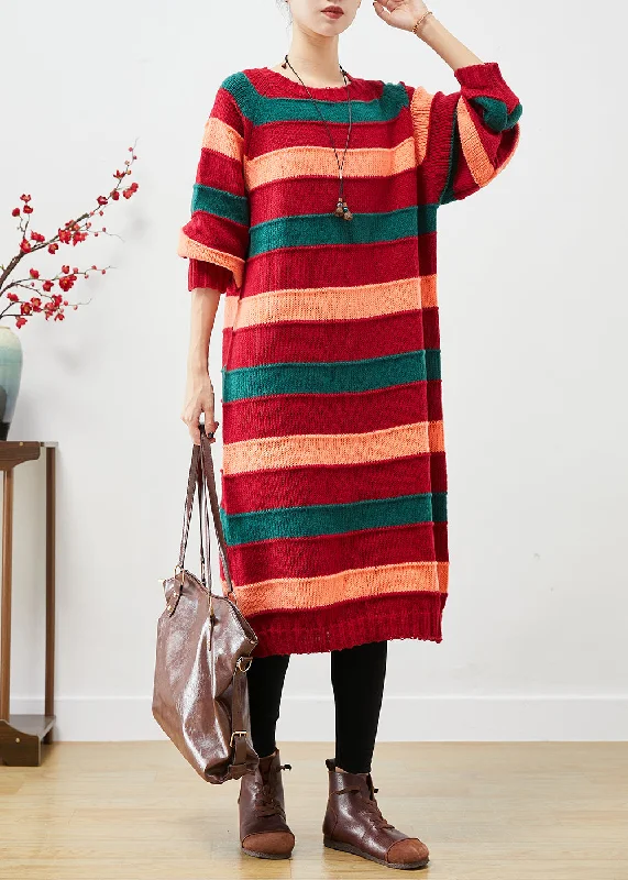 Winter women's sweateraFrench Colorblock Oversized Striped Knit Sweater Dress Fall