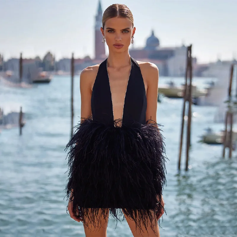 Smock dresses for womenHalter Sleeveless Feather Mini Bandage Dress HL9633