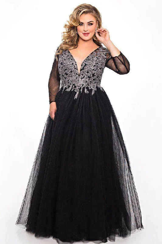 women's suit sets with cinched waistsSydney's Closet SC7299 - Long Sleeve Embroidered Bodice Ballgown