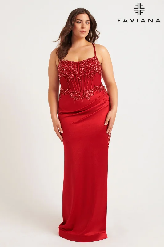 women's suit sets for petite sizesPlus Size Beaded Satin Corset Gown by Faviana 9592