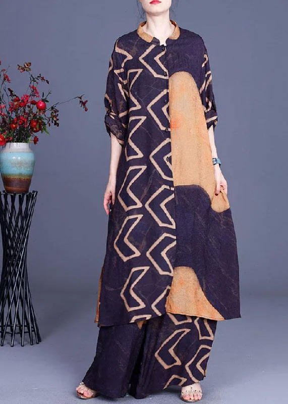 Transitional women's topsBeautiful Blue Yellow Print Button long shirts Wide Leg Two Pieces Set