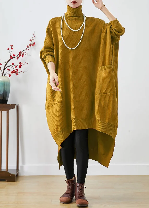 Activewear women's sweaterYellow Oversized Knit Sweater Dress Turtle Neck Asymmetrical Batwing Sleeve