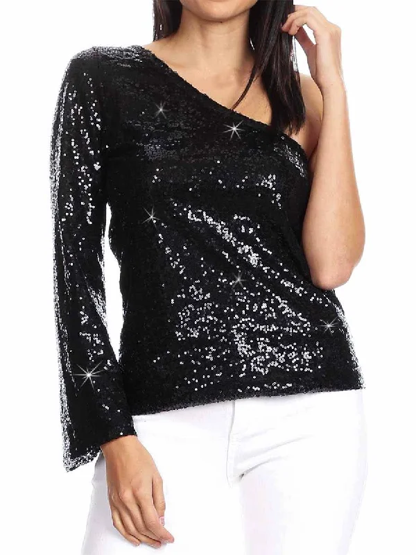 Pastel women's topsLong Sleeve One Shoulder Women's Black Glitter Shirt
