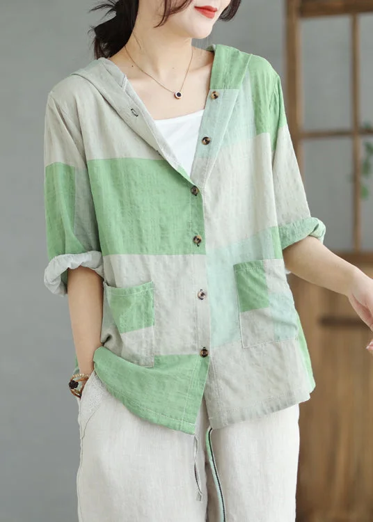 High-street women's topsItalian Colorblock Hooded Pockets Linen Shirt Summer