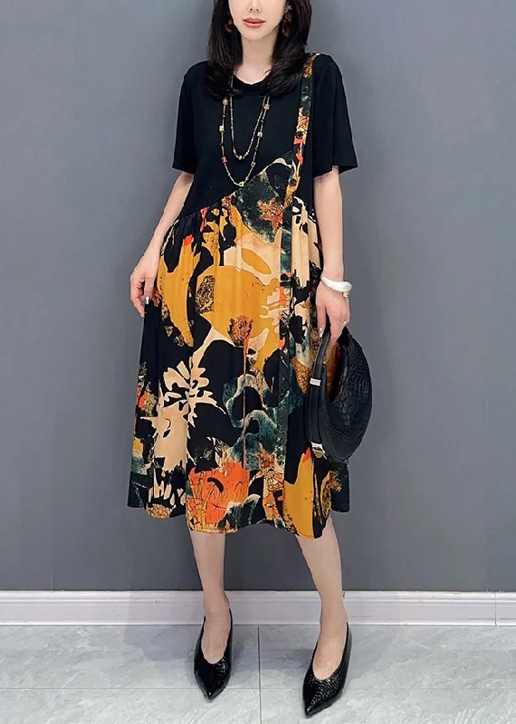 Long-sleeved dresses for womenFine Colorblock O Neck Wrinkled Print Patchwork Cotton Dresses Summer