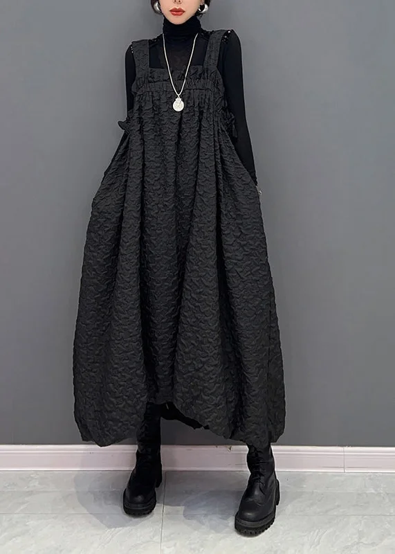 Synthetic dresses for budget-friendly optionsCasual Black Wrinkled Pockets Patchwork Cotton Carpenter Dresses Fall
