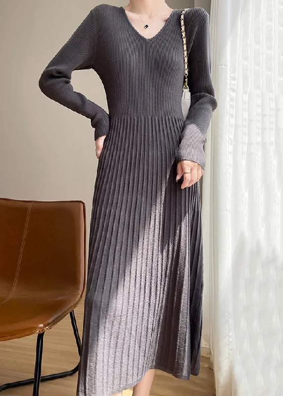 Eco-friendly women's sweaterNew Dark Gray V Neck Wrinkled Knit Sweater Dress Spring