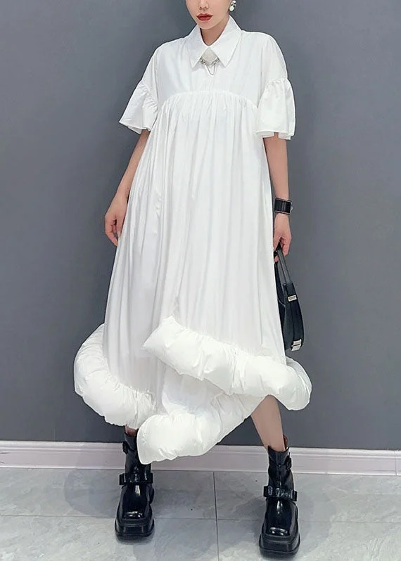 Ruched dresses for womenWomen White Peter Pan Collar Wrinkled Patchwork Cotton Shirts Dress Summer