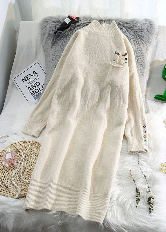 Fair trade women's sweaterWomen beige Sweater dresses Largo half high neck daily wild knit dresses