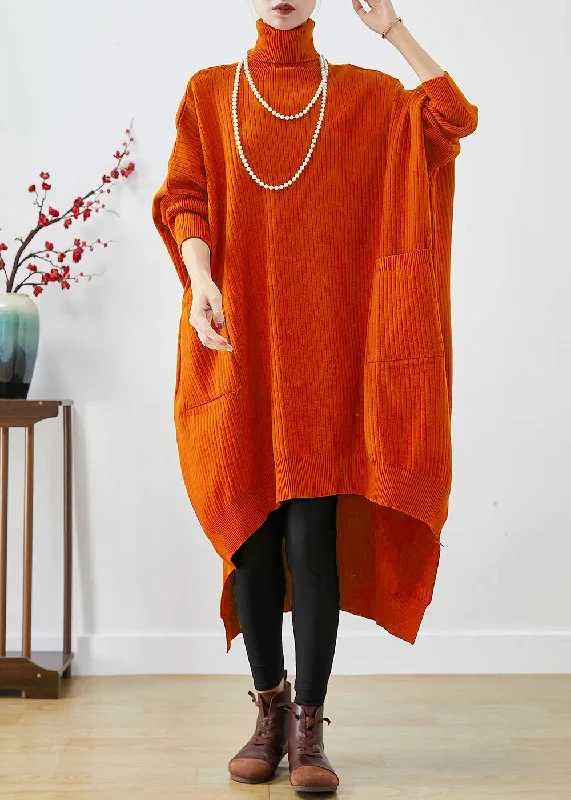 Yoga women's sweaterOrange Oversized Knit Sweater Dress Turtle Neck Asymmetrical Batwing Sleeve