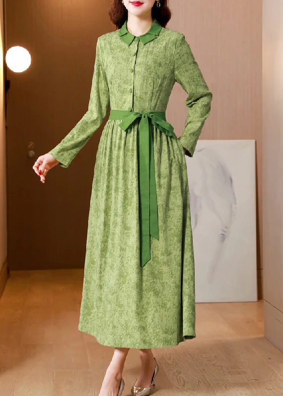 Bridesmaid dresses for womenClassy Green Print Tie Waist Patchwork Cotton Long Dress Fall