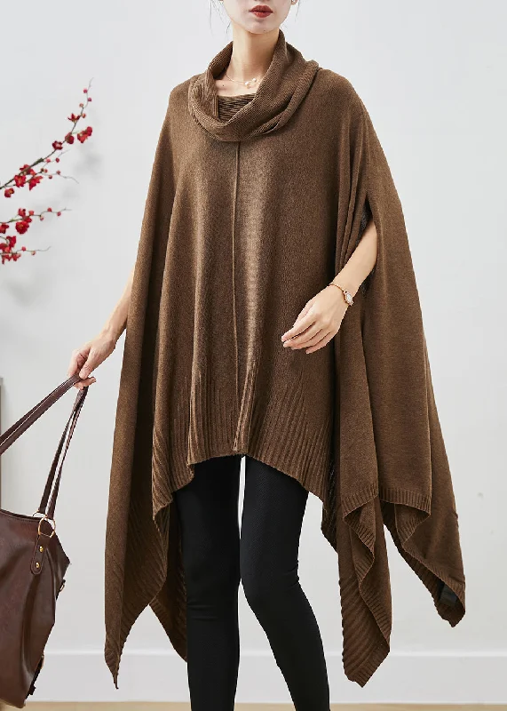 Ruffle women's sweaterCasual Brown Turtle Neck Asymmetrical Exra Large Hem Knit Sweater Dress Cloak Sleeves