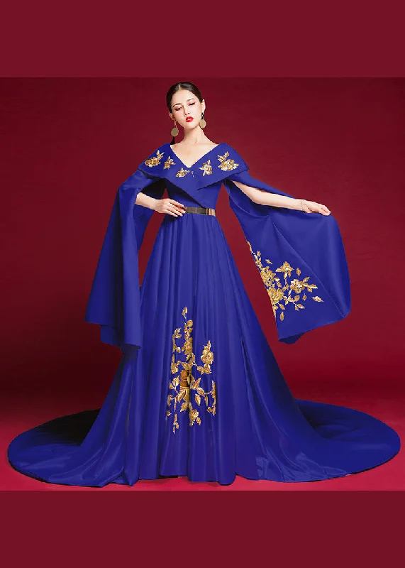 Bridal dresses for womenRetro Blue V Neck Embroidered Patchwork Silk Dresses Long Sleeve