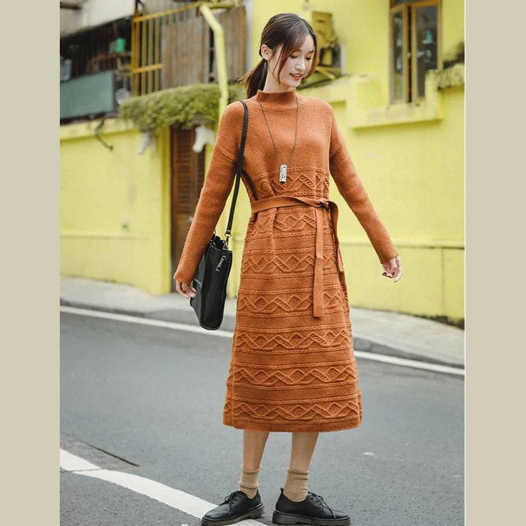 Shawl collar women's sweaterCasual Loose Orange Sweater DrawstringDresses Women Winter Clothes