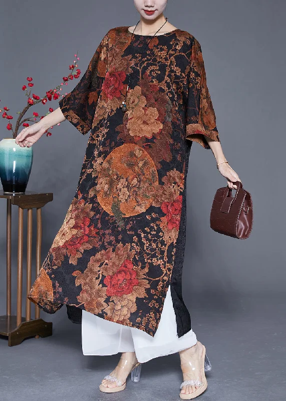 Bridal dresses for womenVintage Coffee Print Patchwork Chinese Button Silk Vacation Dresses Summer