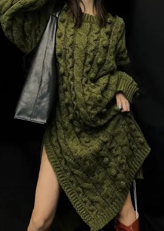 Loungewear women's sweaterBoutique Green O-Neck Side Open Cable Knit Sweaters Dress Long Sleeve