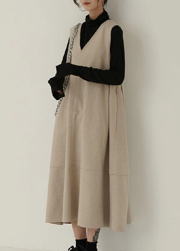 Winter dresses for cold weatherNew Apricot V Neck Patchwork Woolen Waistcoat Long Dresses Sleeveless
