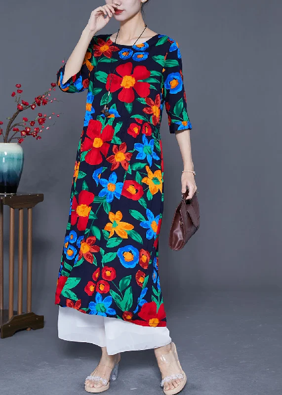 Spring dresses for blossoming stylesFitted Black Oversized Print Cotton Long Dress Half Sleeve