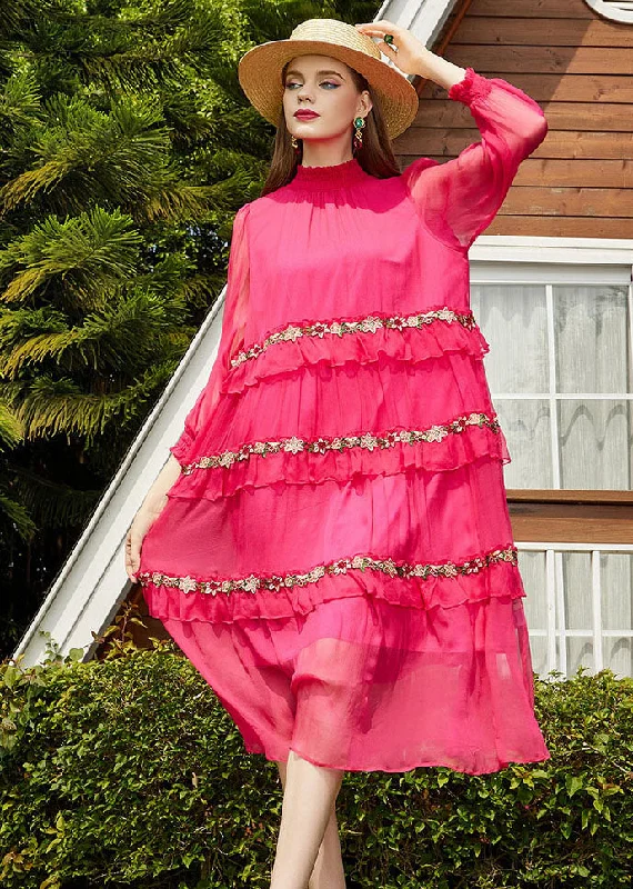 Bell sleeve dresses for womenCute Pink Embroidered Floral Patchwork Wrinkled Silk Long Dress Long Sleeve