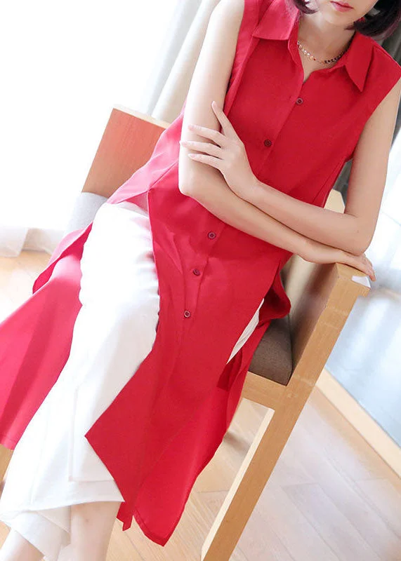 Sheer women's topsPlus Size Red Peter Pan Collar Side Open Chiffon Long Shirts Sleeveless
