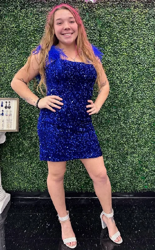 women's suit sets with handbagsStella Couture 23700 size 8 Royal short cocktail homecoming dress sequin corset back feather sleeves