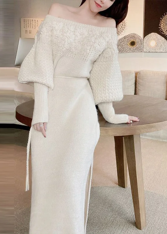 Turtleneck women's sweaterFrench Beige Flower Knitted Off Shoulder Sweater Dress Autumn