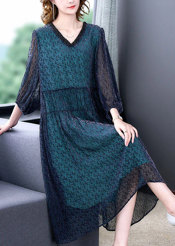 Evening gowns for formal eventsElegant Blue V Neck Wrinkled Patchwork Silk Dress Long sleeve