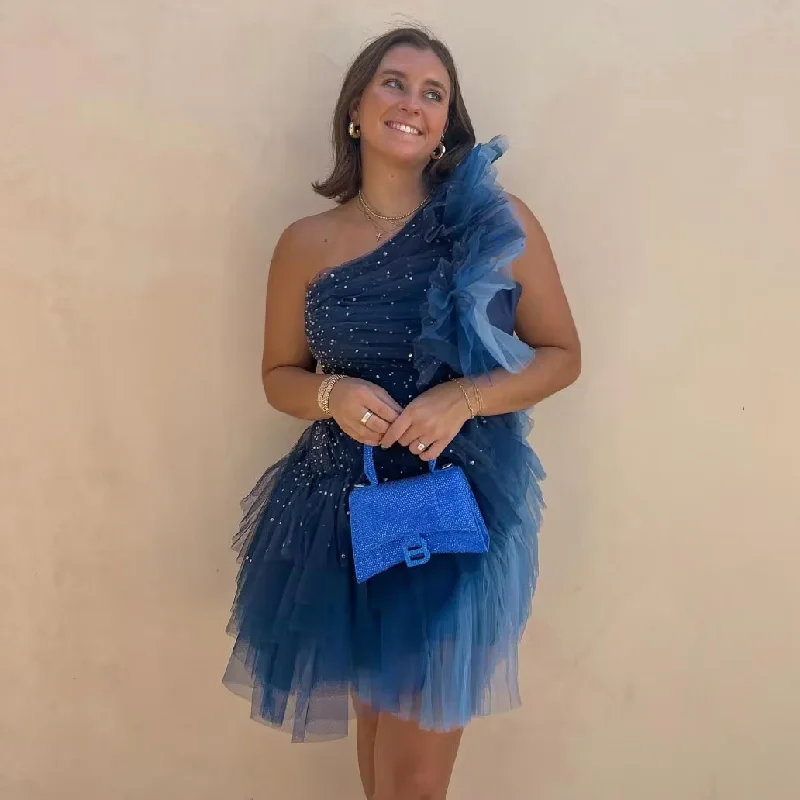 Low-cut dresses for womenOne Shoulder Sparkly Dark Blue Tulle Dress Crystals Beaded Mini Length Party Dresses Asymmetry Contrasting Colors Cocktail Gown