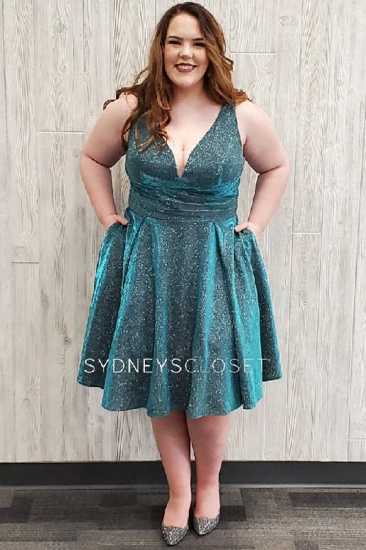 women's suit sets with single ventsSydney's Closet SC8108 Size 28 Teal Plus Sized Cocktail Dress Short Metallic Shimmer V Neck