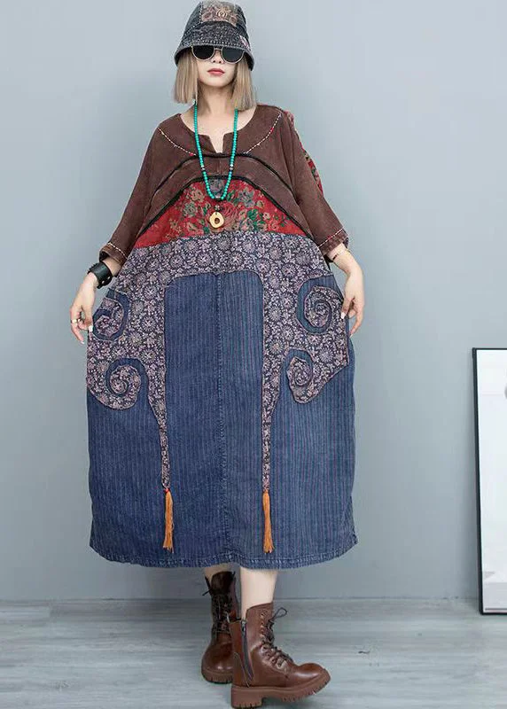One-shoulder dresses for womenPlus Size Vintage Colorblock O Neck Patch Cotton Dress Spring