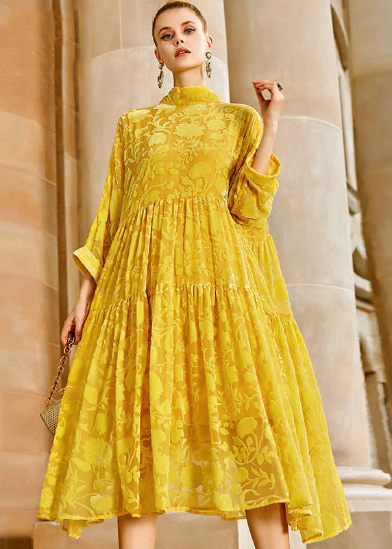 Beach dresses for casual outingsElegant Yellow Wrinkled Bow Silk Velour Patchwork Long Dress Long Sleeve