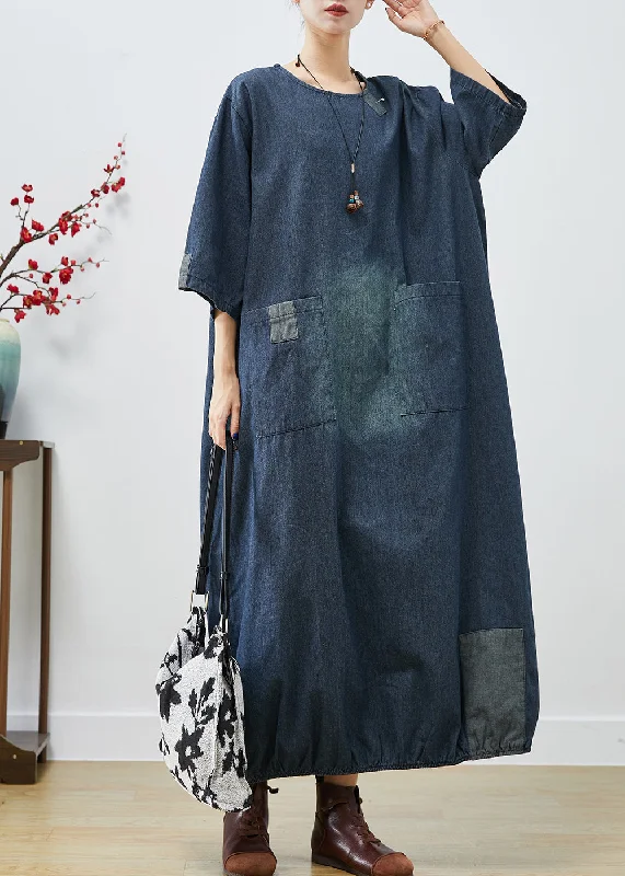 One-shoulder dresses for womenItalian Navy Oversized Patchwork Applique Cotton Vacation Dresses Bracelet Sleeve