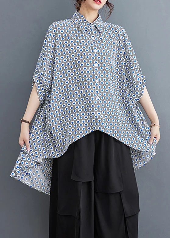 Elegant women's topsItalian Blue Peter Pan Collar Print Low High Design Shirts Summer