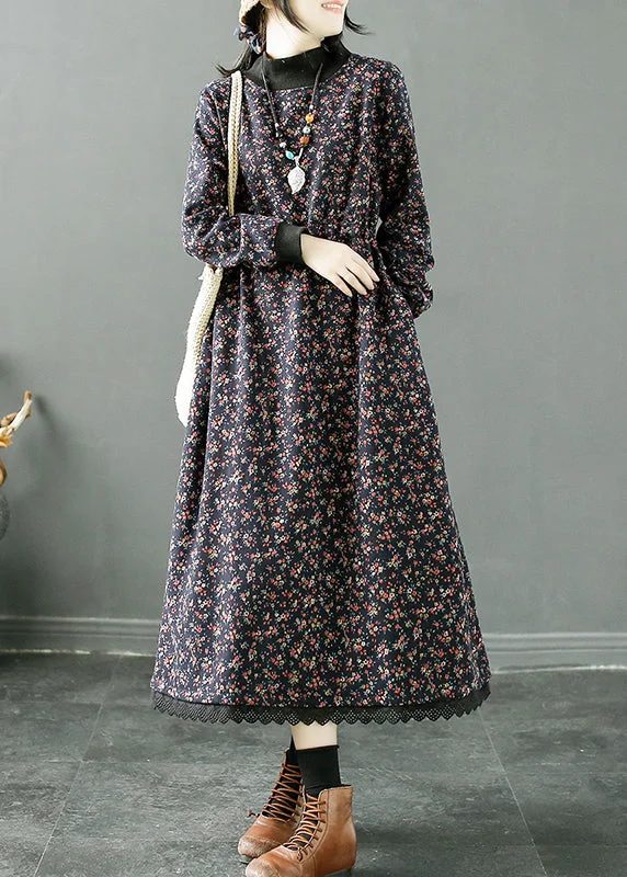Flutter sleeve dresses for womenWomen Navy Print Lace Up Patchwork Fleece Long Dress Winter