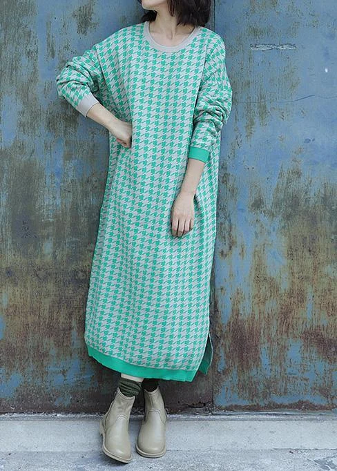 Casual women's sweaterOversized side open Sweater o neck Wardrobes Largo green plaid baggy knit dresses