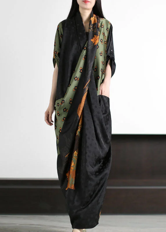 Halter dresses for womenStyle Black Green Pockets Print Wrinkled Patchwork Silk Long Dresses Summer