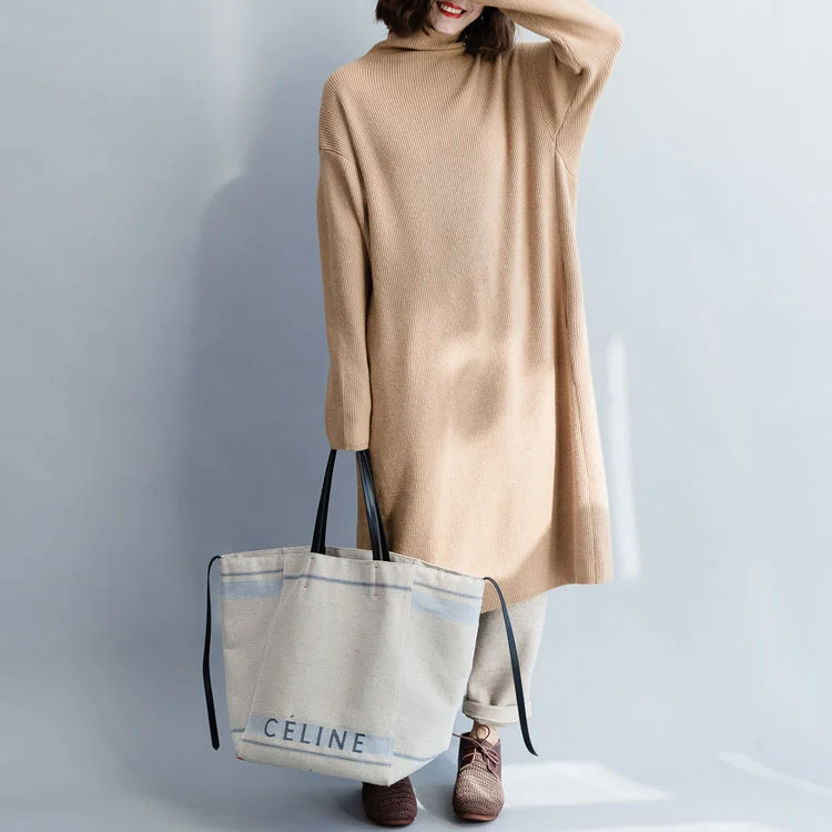Striped women's sweaterPullover khaki Sweater dress outfit Moda Hipster high neck baggy knit dress