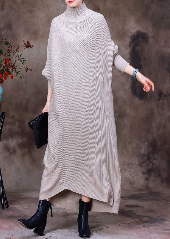 Leather-look women's sweaterCasual Apricot Turtleneck Low High Design Woolen Knit Ankle Sweater Dress Long Sleeve
