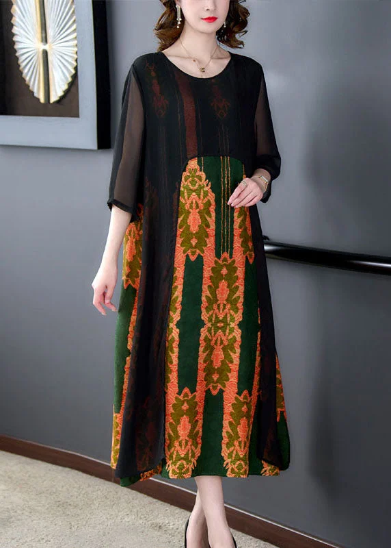 Vintage-inspired dresses for retro fashion loversVintage Orange O Neck Print Patchwork Silk Dress Summer
