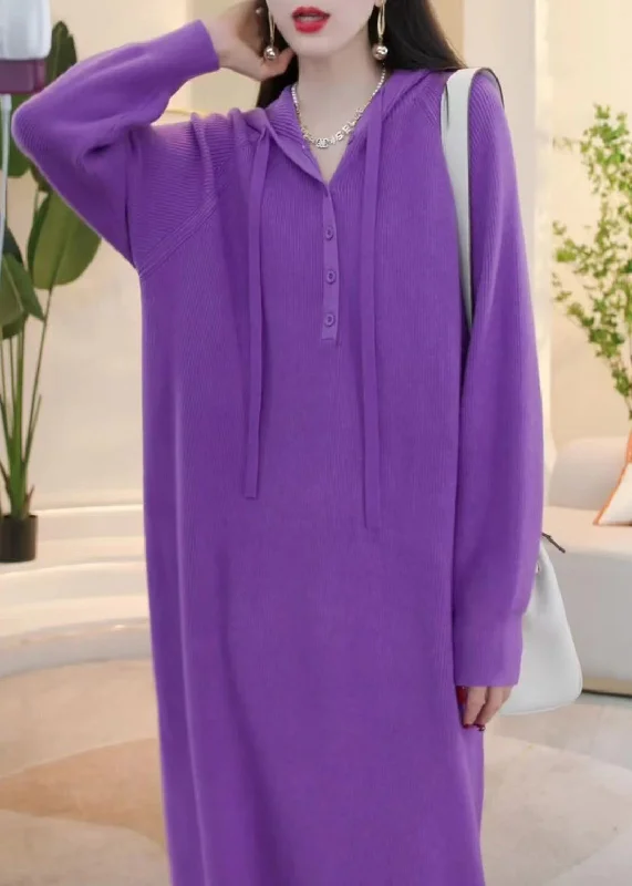 Lace-up women's sweaterSimple Purple Hooded Button Solid Knit Sweater Dress Winter