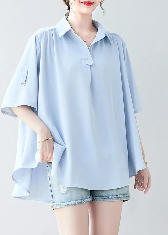 Running women's topsWomen Sky Blue Oversized Low High Design Chiffon Shirt Summer