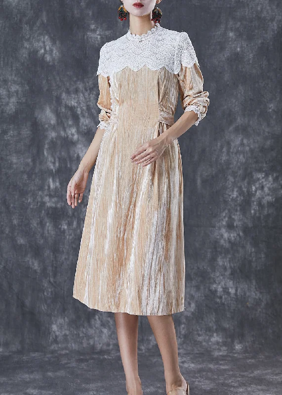 Flutter sleeve dresses for womenFrench Beige Cinched Patchwork Silk Velour Holiday Dress Fall