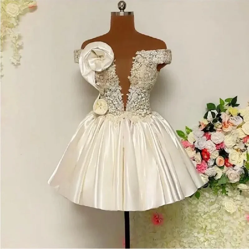 Leather dresses for womenSexy Cocktail Party Dresses With Handmade Flowers Appliques Off The Shoulder Beach Gowns Pleats Mini Girls Prom Evening Dress